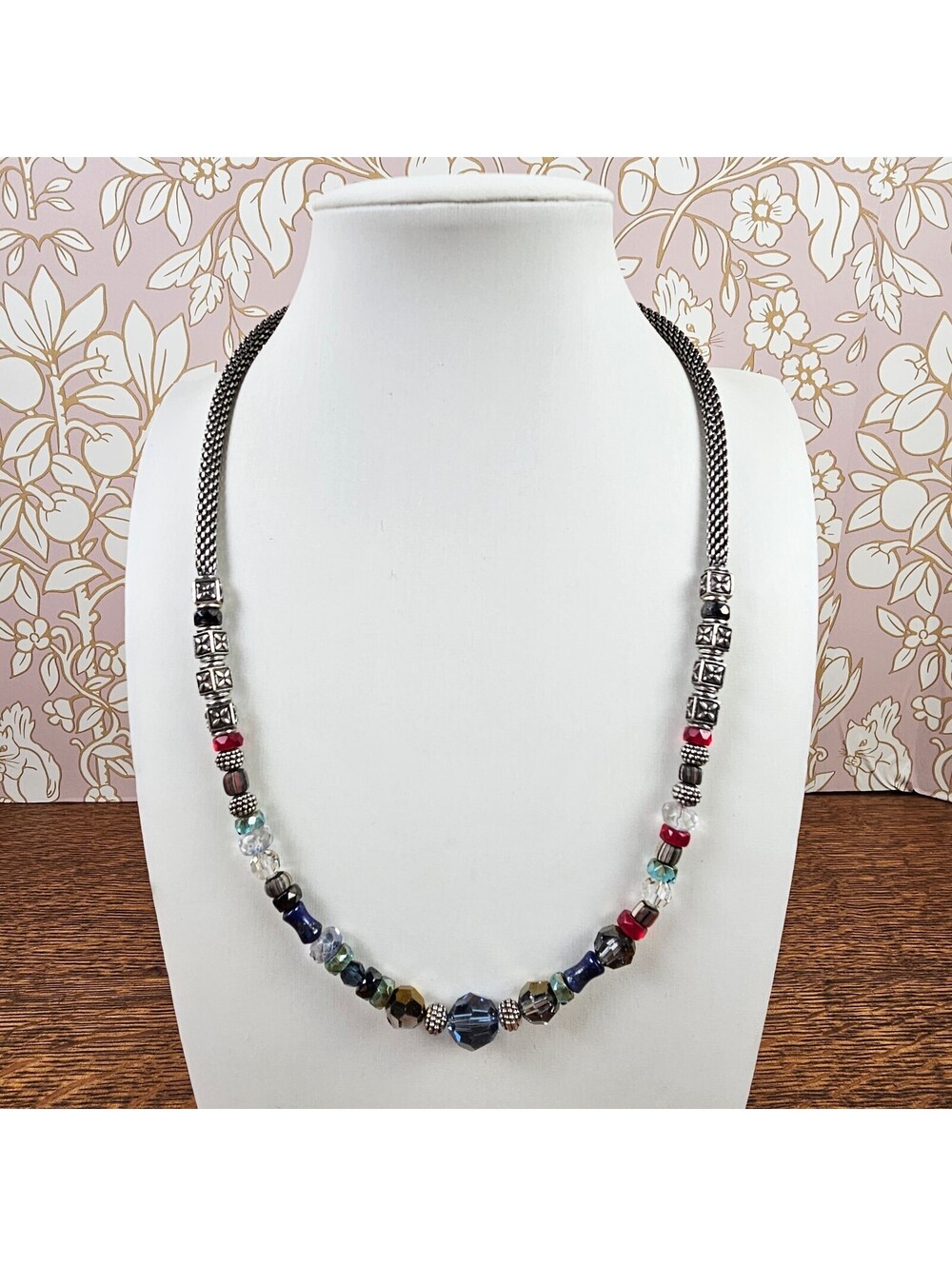 Brighton Silver Mesh Beaded Necklace Crystal Glass Multicolor 17-19 Inch - Picture 1 of 11